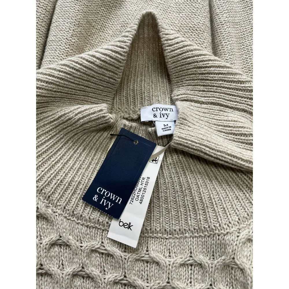 NWT Crown & Ivy Knit Fisherman Coastal Oatmeal Mock Neck Sweater Size Medium - Picture 8 of 9